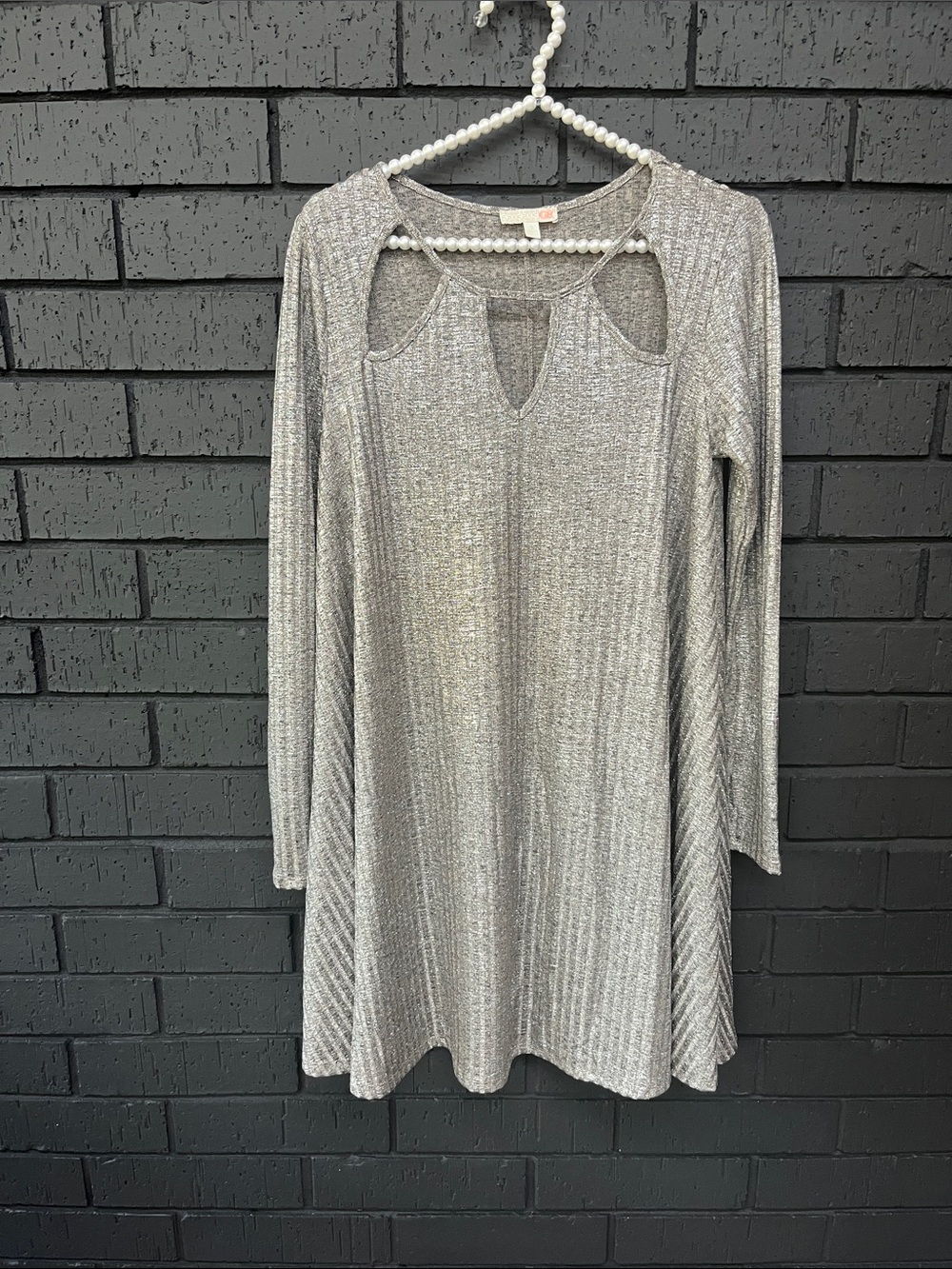 Gianni Bini Silver Long-Sleeve Ribbed Cutout Swing Dress